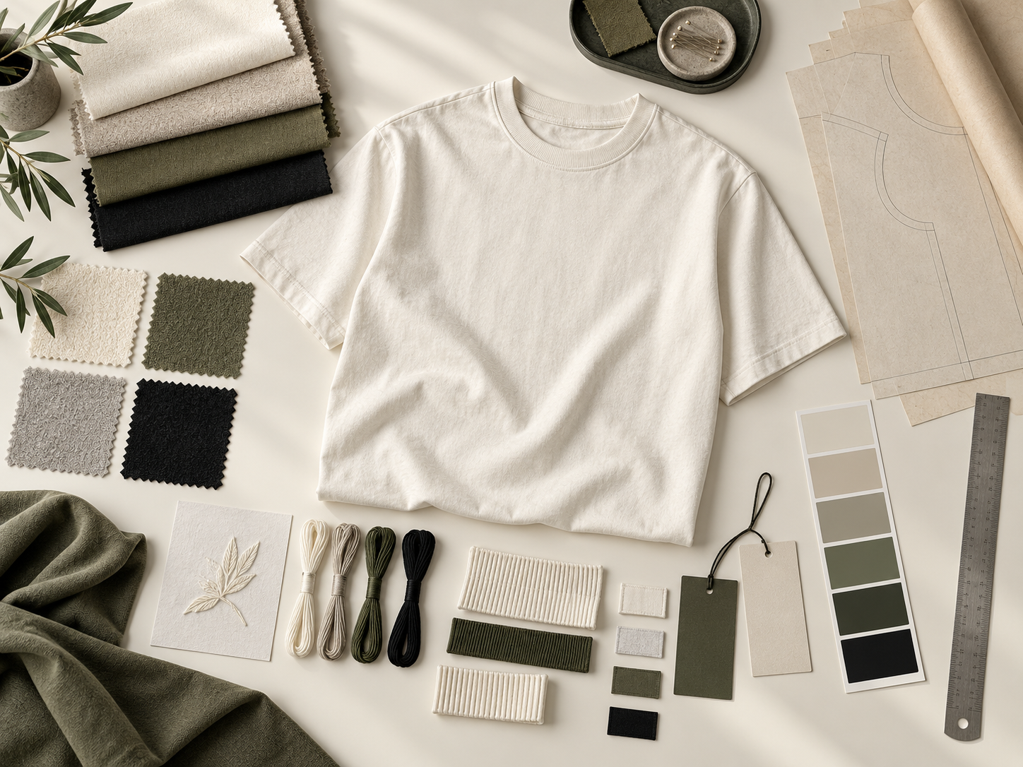 Flat lay of blank apparel development materials
