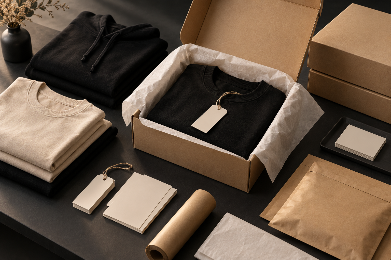 Blank garments prepared with packaging materials